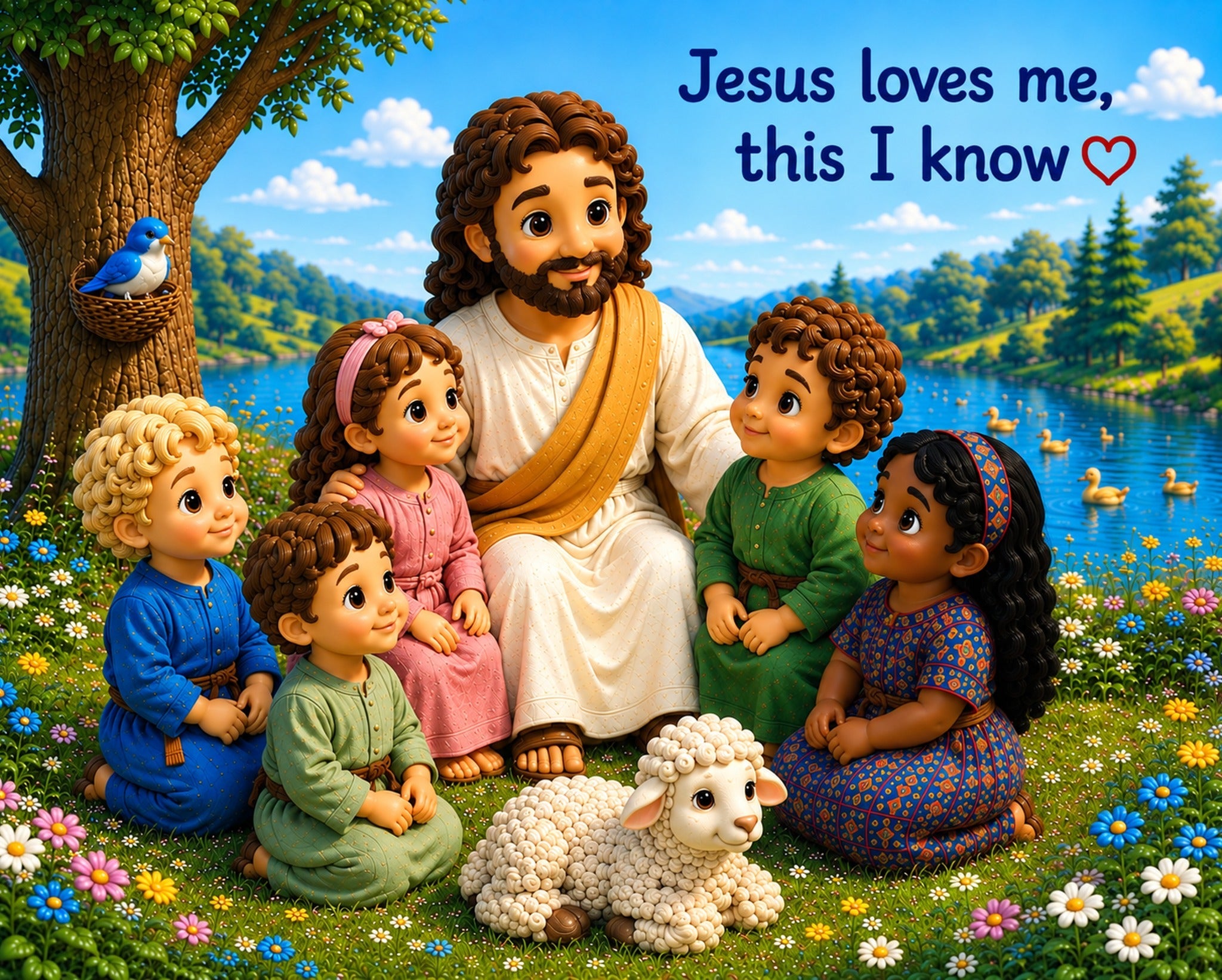 Jesus Loves Me puzzle artwork showing Jesus and children together beside a lake